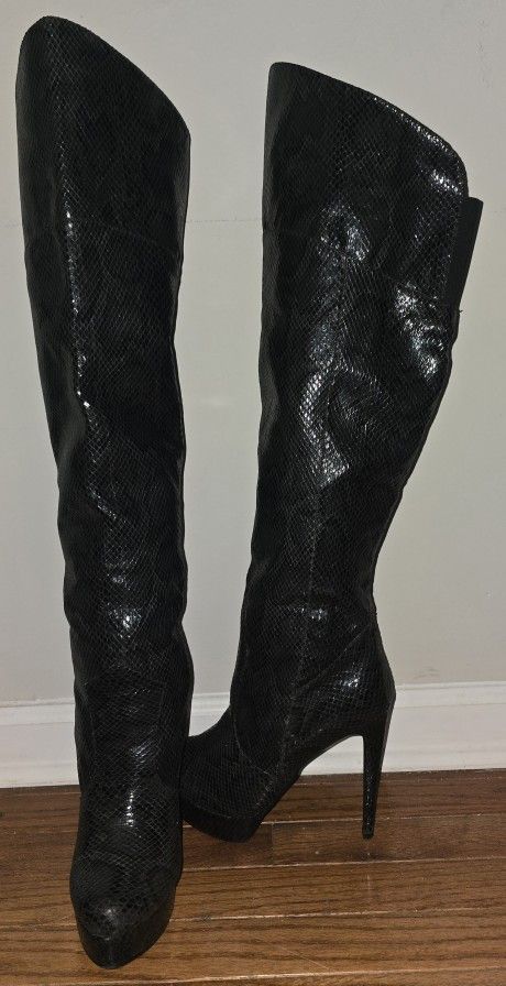 Black Snakeskin Over-the-Knee Boots – Stiletto Heel – WOMEN'S 10 – $45 or Best Offer