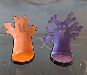 Gold Canyon Set of 2 Glazed Ceramic Halloween Spooky Tree Candle Holders, 7" tall x 3.5" round base, excellent condition