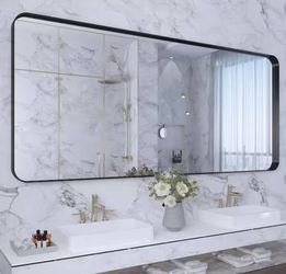 72 in. W x 32 in. H Large Rectangular Framed Wall Mounted Bathroom Vanity Mirror in Black