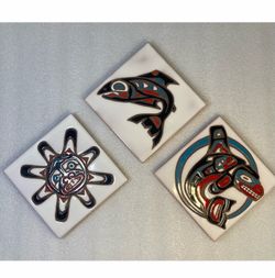 Native American Art Tile Trivet Wall Mag Mor Studio Hand Painted, Fitzgerald 3ea