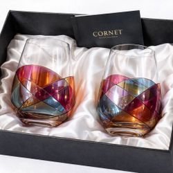 Cornet Barcelona Stemless Wine Glasses – Set of 2 | Designer Glassware | Gift Ready