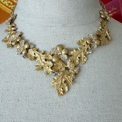 Gold Tone Floral Oak Leaf Statement Necklace Rhinestone Bib Adjustable