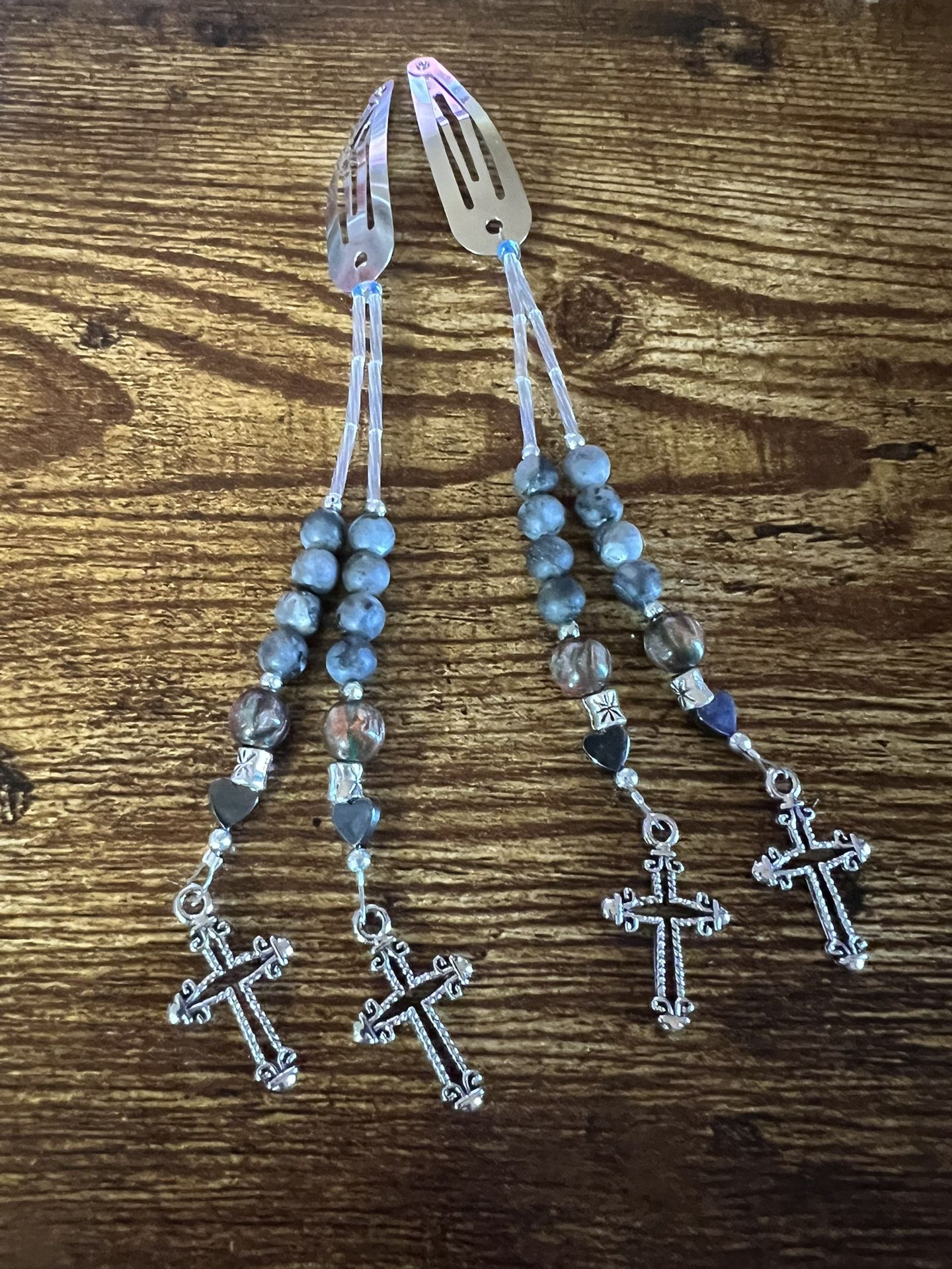 Silver Hair Clips With Beads And Cross Charms