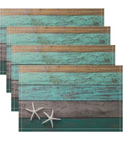Starfish Placemats Set of 6, 17x12 Inch Summer Ocean Seaside Vintage Plank Art Print Table Mats for Home Party Kitchen Dining Decor