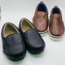 Nautica Kids Slip-On Brown Sneakers & Children’s Place Boys Black Slip On Dress Shoes Bundle, Infant/Toddler Size 6