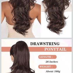 BOGSEA Ponytail Extension 26 Inch Drawstring Ponytail Extension for Women Long Wavy Hair Extensions for Daily Use(Brown)