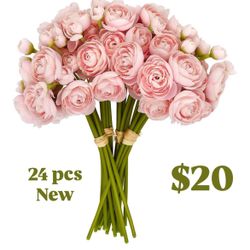 24 Pcs Ranunculus Artificial Flowers 10.5", Mini Faux Silk Ranunculus with Stem, Fake Flowers for Home Decor Indoor Wedding Bouquets Centerpieces (Blu