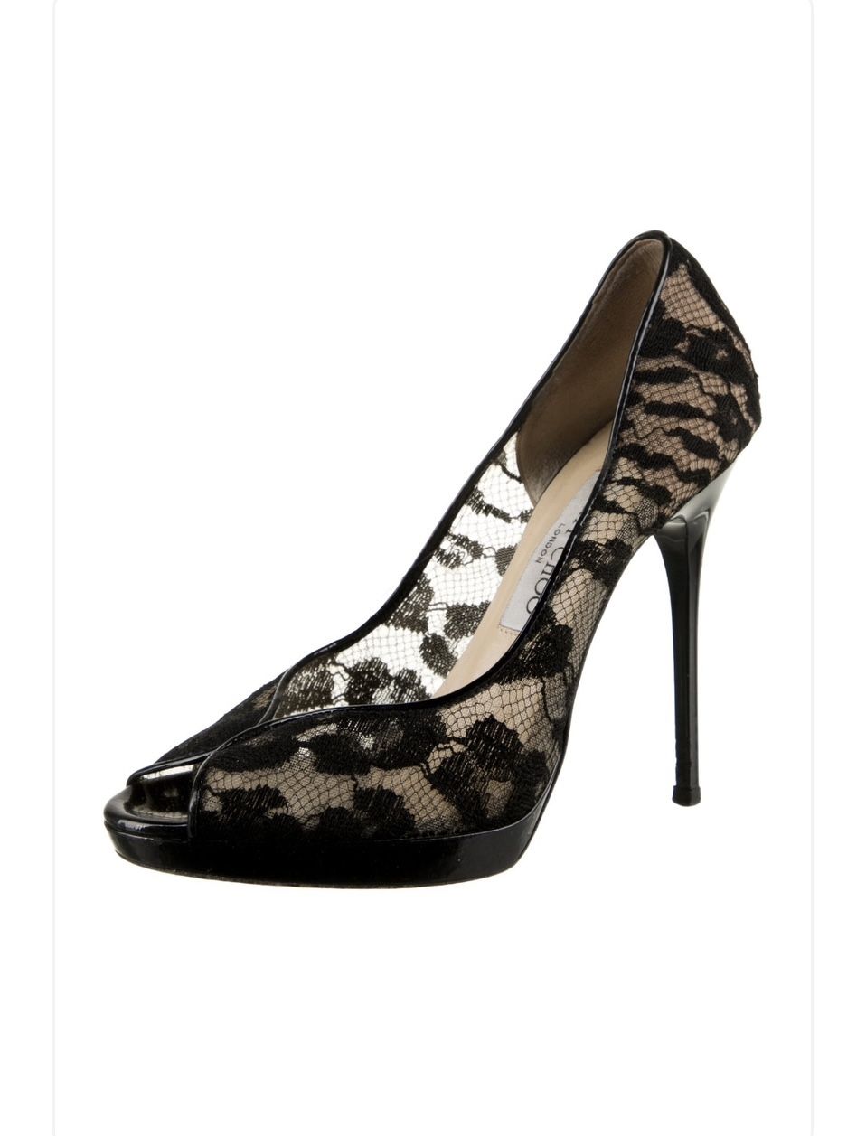 Jimmy Choo LACE/PATENT BLACK Belgic peep-tow pump sz 8.5