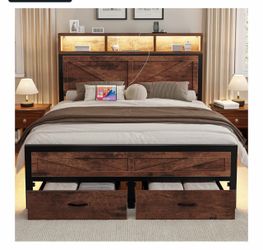 Rustic Bed Frame with Storage Drawers and LED Headboard