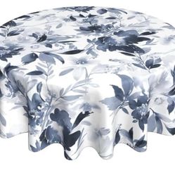 Navy Blue Floral Tablecloth Round 60 Inch, Dark Blue.   (AB)