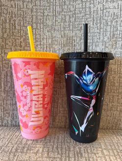 Round 1 Exclusive Ultraman Rising Tumblers With Straw Black & Pink Plastic Cups