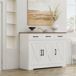 42.5‘’ Kitchen Buffet Sideboard Cabinet, 3 Drawers Farmhouse Coffee Bar Storage Cabinet with Adjustable Shelf, White