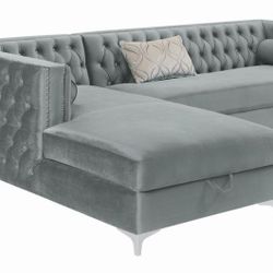 New Sectional Sofa In Diamond Tufted Silver Velvet