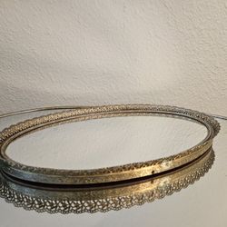 Vintage Vanity Perfume Tray Mirror Gold Metal Oval 9.5" x 6.5"