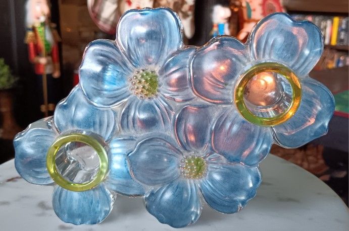 Pair Of 1950s Indiana Glass Lancaster Colony Blue Stain Dogwood Blossom Double Candle.