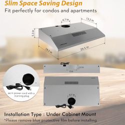 FIREGAS Under Cabinet Range Hood 30 inch with Ducted/Ductless Convertible,Kitchen Hoods Over Stove Vent, LED Light, 3 Speed Exhaust Fan, Reusable Alum