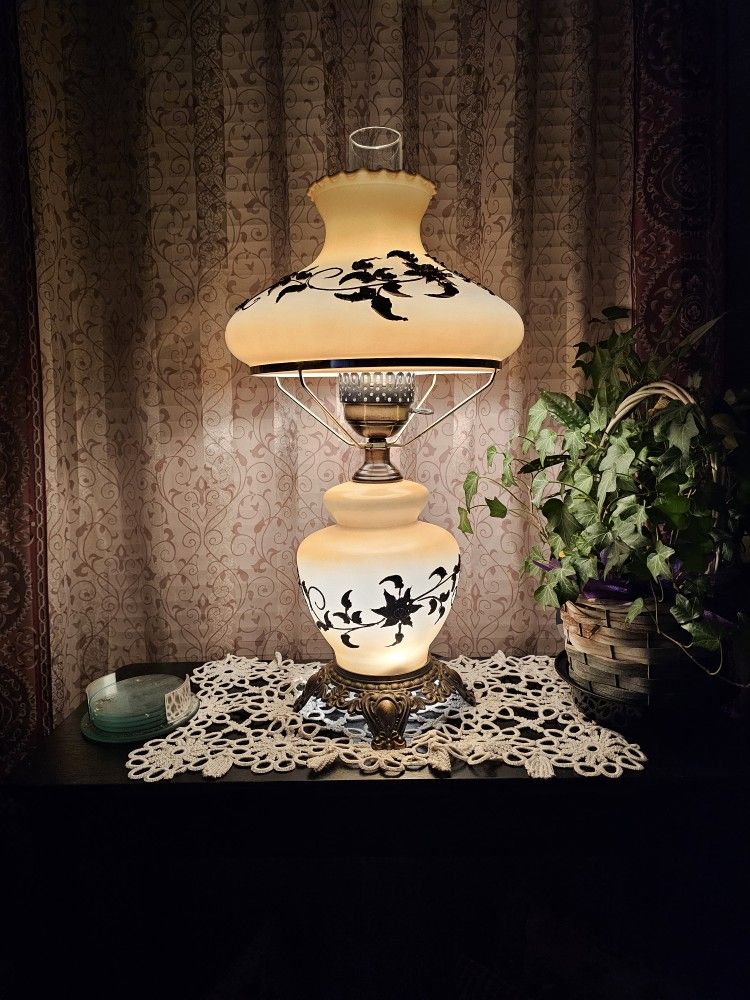Vintage( From The 1940's) Carnival Glass Electric Table Lamp 3-D Floral Aladdin and Milk Glass Shades

