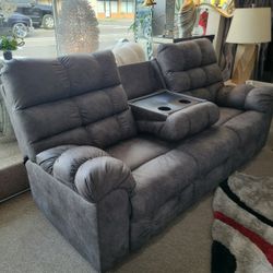 Grey Reclining Sofa with Drop Down Table
