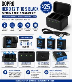 GoPro Hero 12/11/10/9 Battery and Triple Charger Kit