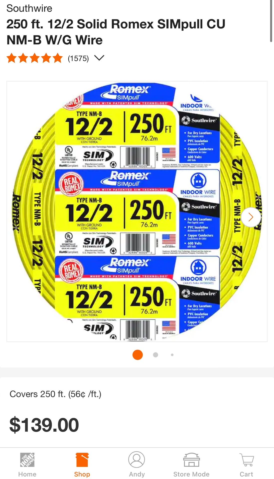 Romex 12/2 250Ft. 1 Roll New