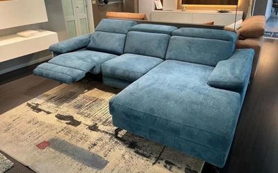 Blue Fabric Sectional Sofa with Recliner