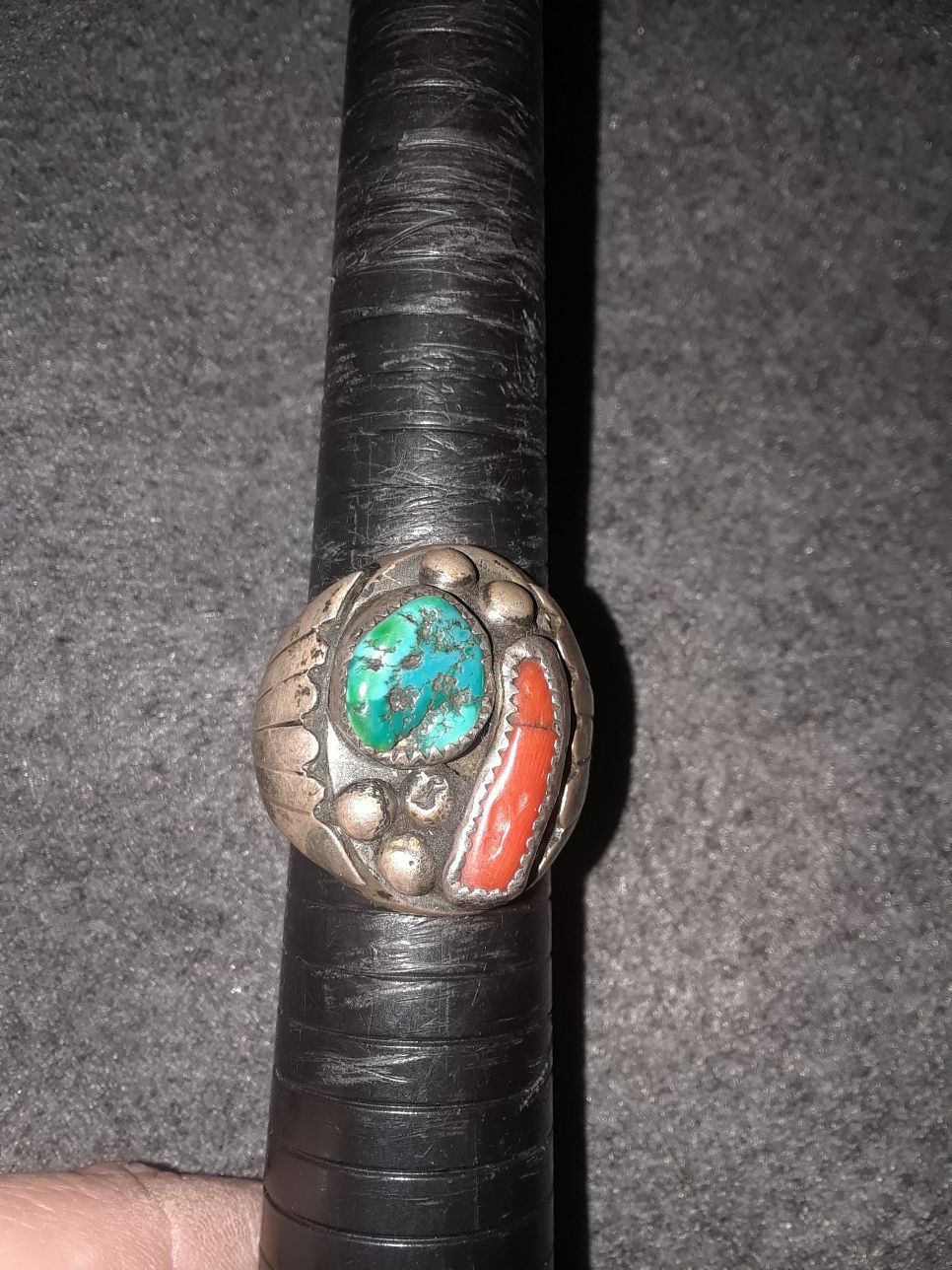 Turquoise and coral sterling silver ring at 100 years old!