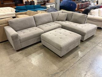 THOMASVILLE Miles Grey Upholstered L-Shaped Sectional with Tufted Seats and Matching Storage Ottoman