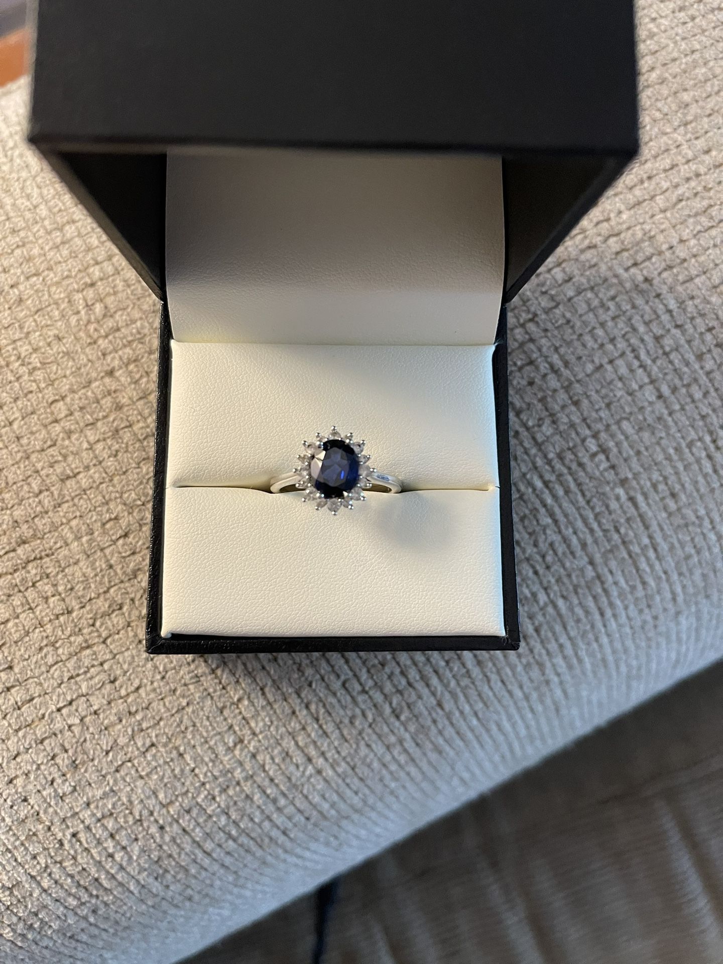 Simulated, sapphire, and diamond accent ring