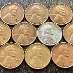 10 Vintage Wheat Cents 1935 To 1945 US Coins Steel 1943 WWII Pennies Penny