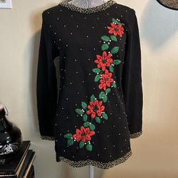 Victoria Jones Vintage Holiday Christmas Sweater Embroidered Poinsetta Pearl Gold Beads Size Small 