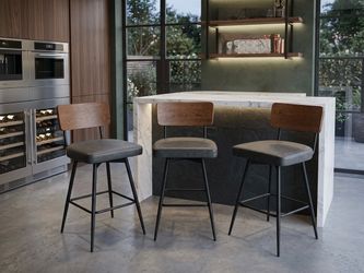 Set of 3 Swivel Counter Height Bar Stools – 26” Faux Leather Seats, Wood Mid Back,
