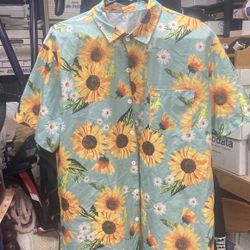 Short Sleeve Button Up, Blue With Floral Pattern, Medium