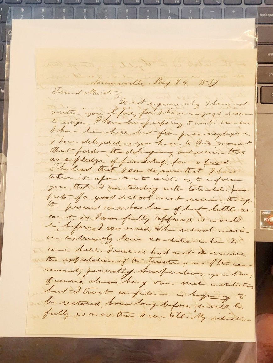 1839 Sommerville TN to Indianapolis Letter RE: Teaching, Friendship, Death, Etc