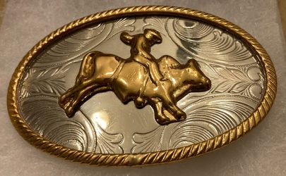 Vintage Metal Belt Buckle, Brass and Silver, Bull Riding, Nice Western Design, 2 3/4" x 1 3/4", Heavy Duty, Quality, Made in USA, Thick Metal, For Bel