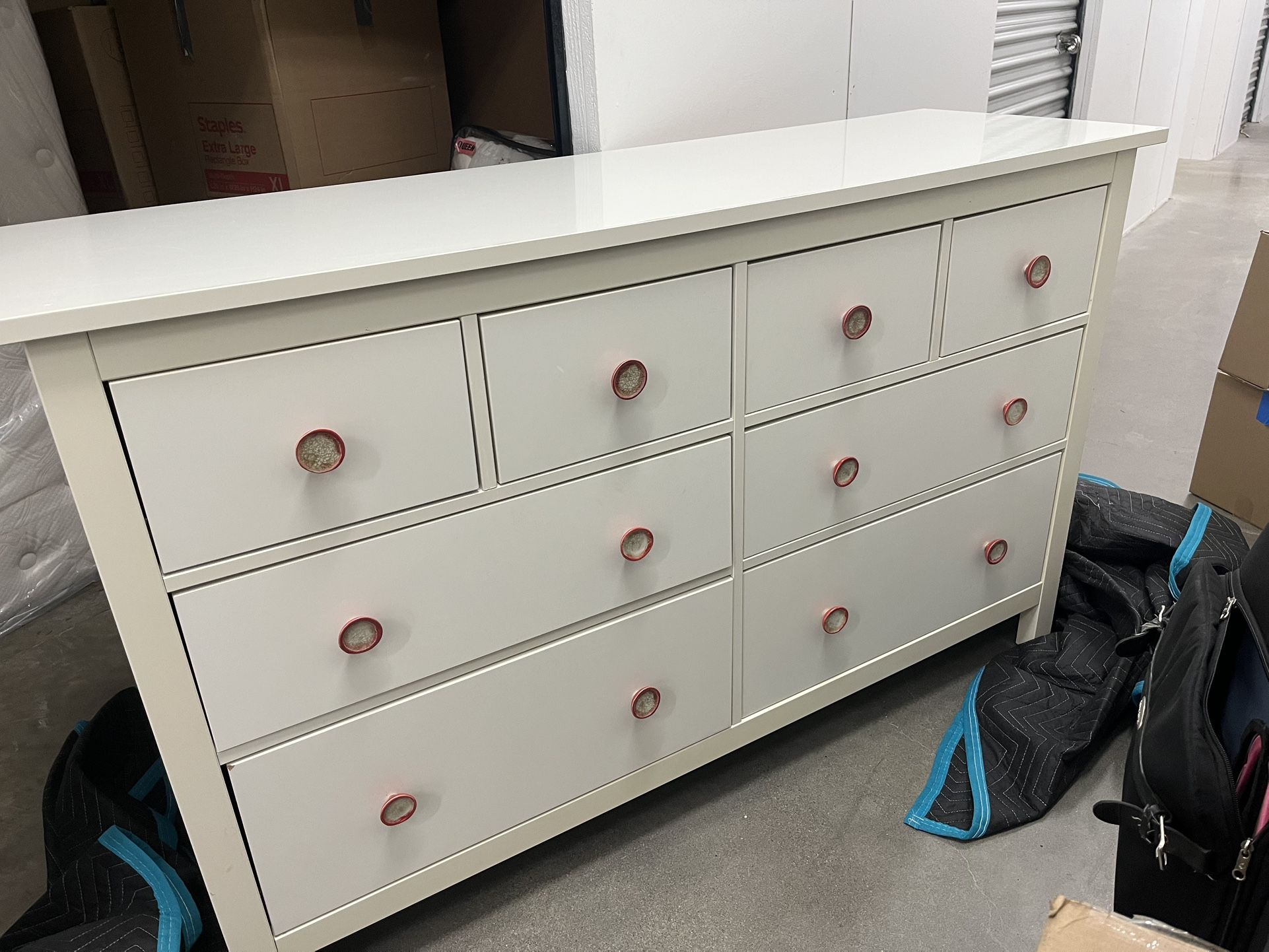White Dresser with Unique Glass Knobs