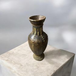 14” Decorative Brown & Gold Embossed Vase with Leaf and Stud Details