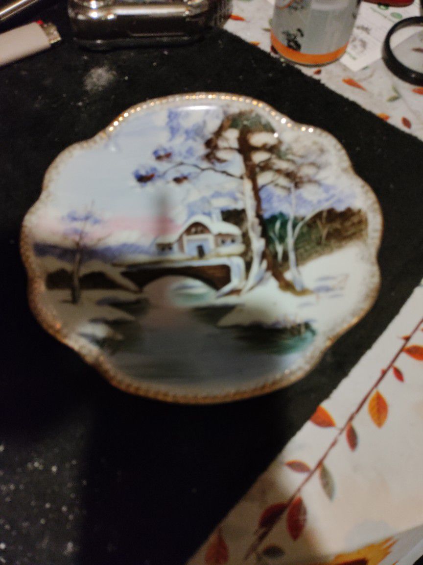 Vintage Japan Hand Painted Signed Winter Landscape Collectors Plate