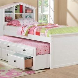 Brand New White Twin Size Bed Frame w Trundle Bed + Drawers