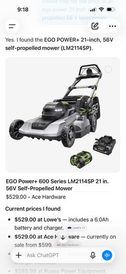 Ego power plus self propelled 21”  56 volt mower