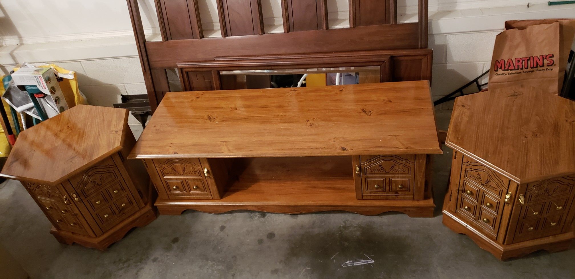 Matching entertainment center/coffee table and 2 end tables for Sale in