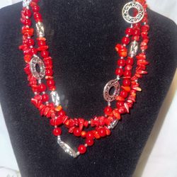 PREMIER DESIGN SILVER TONE RED CORAL CHIP STONES AND BALLS NECKLACE