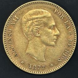 Spain 1877 Gold 25 Pesetas Alfonso XII Coin – 8.06g