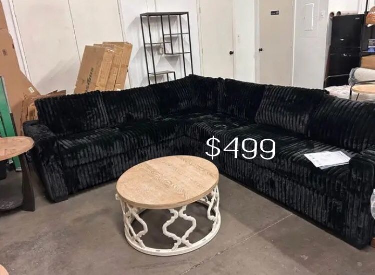 XL Sectional Sofa Black Fur- Like Jumbo Corduroy