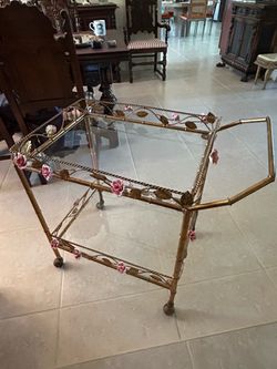 Vintage Gold Leaf Tea Cart With Original Ceramic Flowers