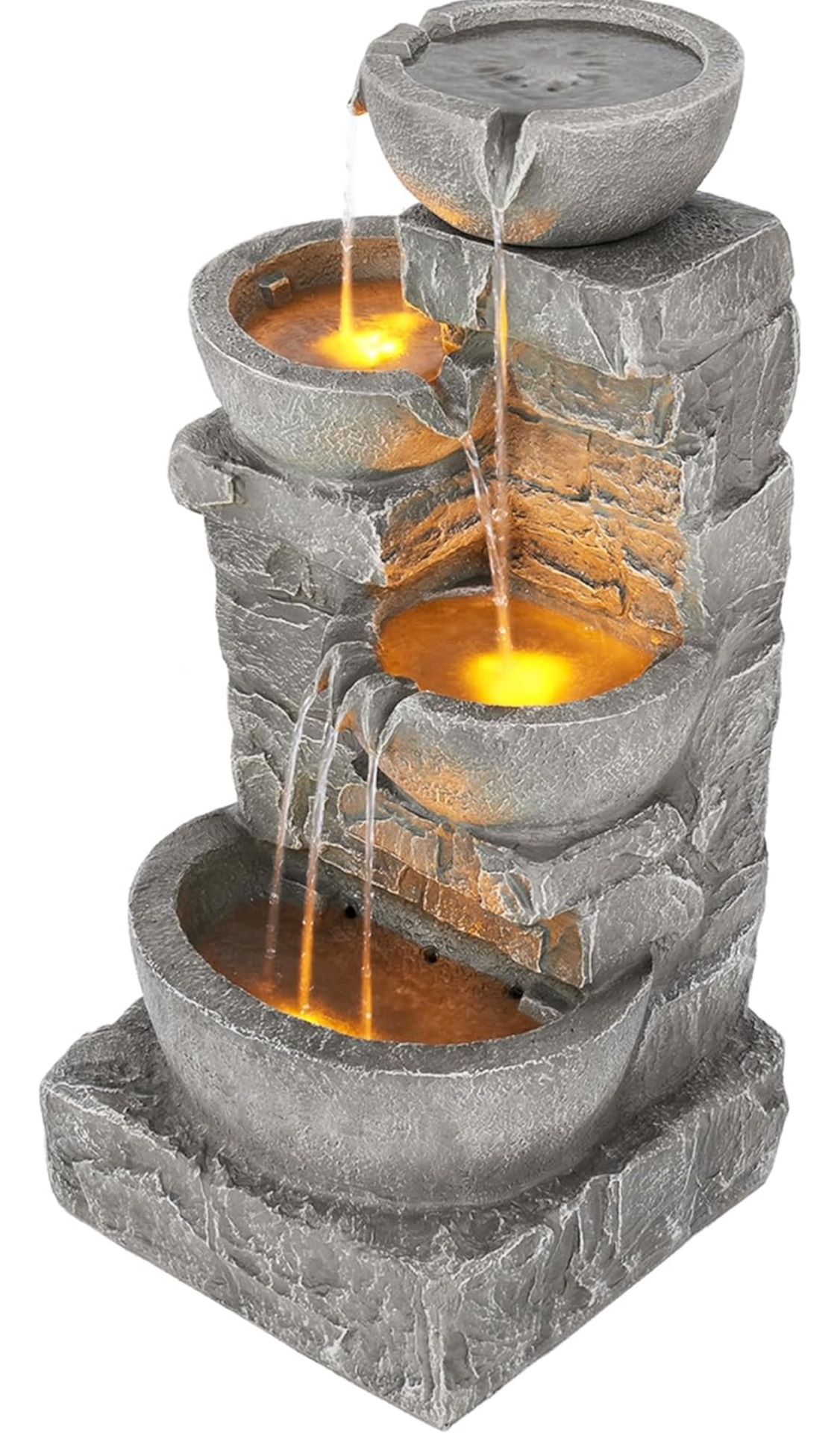Teamson Home 33.25 in. Cascading Bowls and Stacked Stones LED Outdoor Water Fountain for Gardens, Landscaping, Patios, Balconies, and Lawns for a Calm
