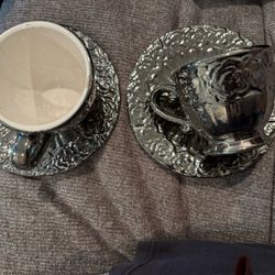 Magical Silver Glaze Rose Design Ceramic Tea Cup And Saucer 2 Sets