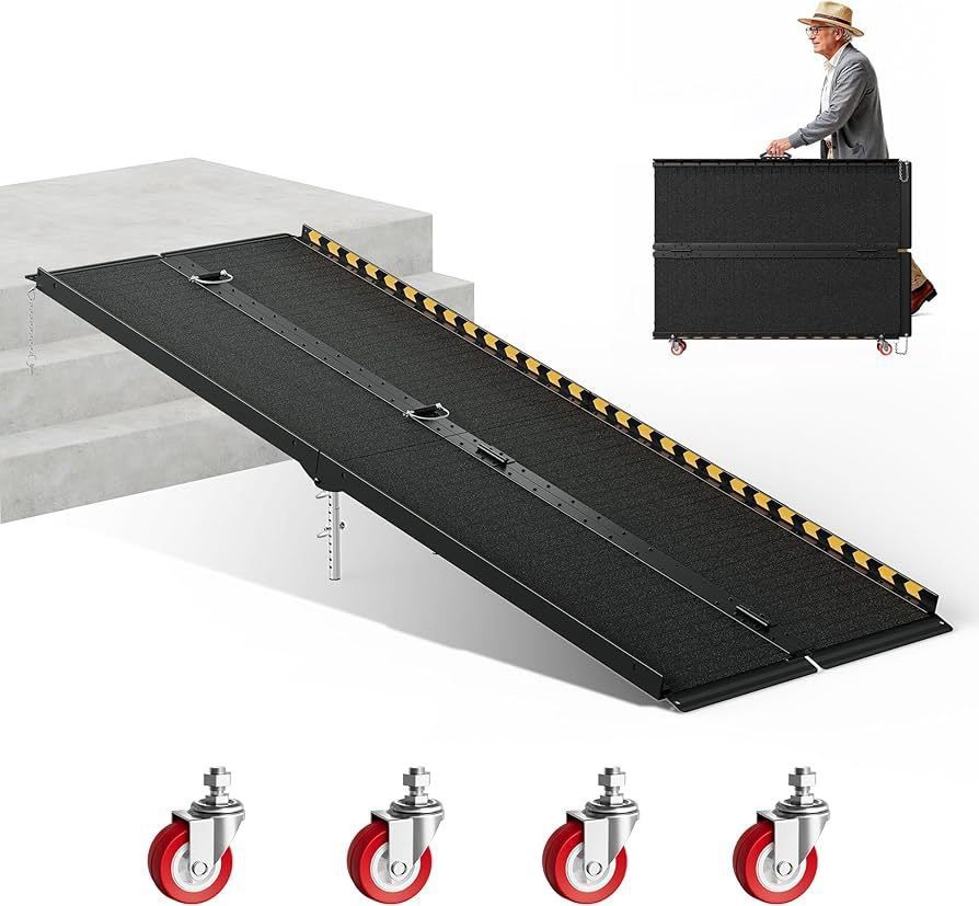 7 FT Portable Wheelchair Ramp-800LBS Heavy-Duty, High-Strength Aluminum Alloy with 4 Adjustable Legs, 4 Wheels, Triple Anti-Slip and Seamless Design,