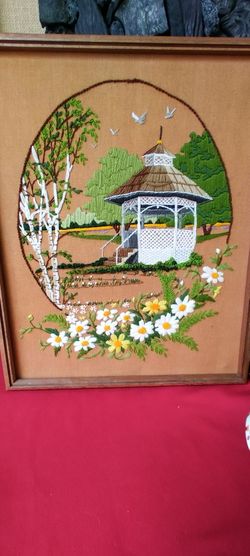 Vintage crewel embroidery framed art 1979