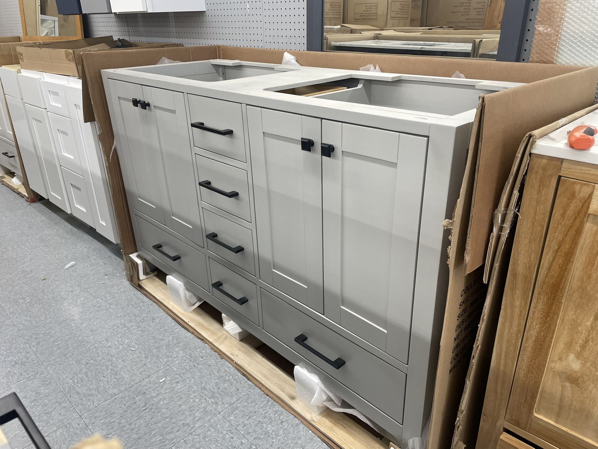 Bathroom vanity cabinet 60” solid mango Quartz top with sinks and backsplash