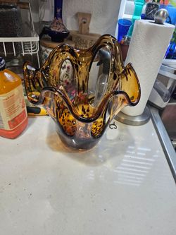 Vintage Murano Amber Spotted Art Glass Vase – 10” Sculptural Ruffled Rim